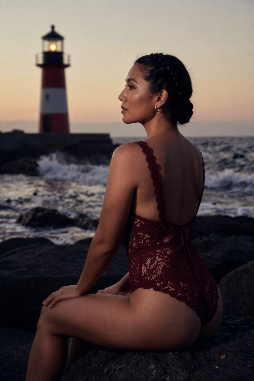 Boudoir editorial portrait of a fictional 37-year-old woman with black hair in a braided crown updo,